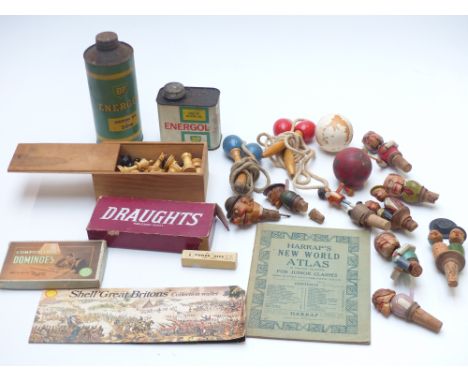 A collection of vintage games including carved wooden chess set, draughts, dice etc together with vintage Energol Motor Oil c