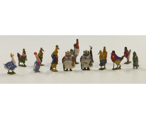 Fifteen Britains Cadbury Cococubs lead model animals including Patsy Pelican, Peter Penguin, Granny Owl, Dumpty Doo Duck, Dan