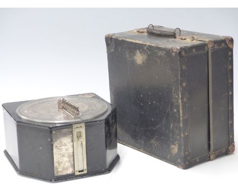Brevetto, Italy, concrete calculator with EE ultra Washington plaque to top, having eight rotating circular scales to top and