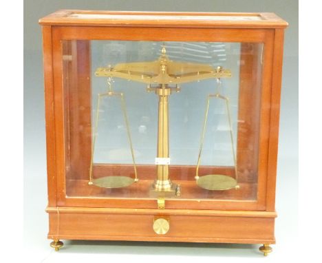 Monmouthshire County Council laboratory beam scale by Degrave & Co. London, numbered 4797 to each part, the glazed case with 