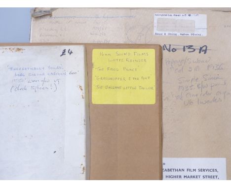 Three vintage 16mm cartoon film reels marked&nbsp; 'Inergetically Yours', 'Lotte Reinger','The Frog Prince', 'Grasshopper and