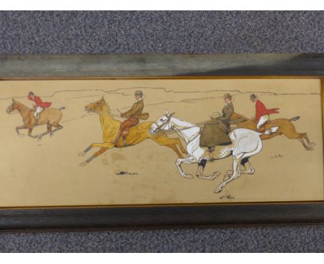 Attributed to Dorothy Hardy in the manner of Cecil Aldin pen and watercolour hunting scene, 27 x 65cm