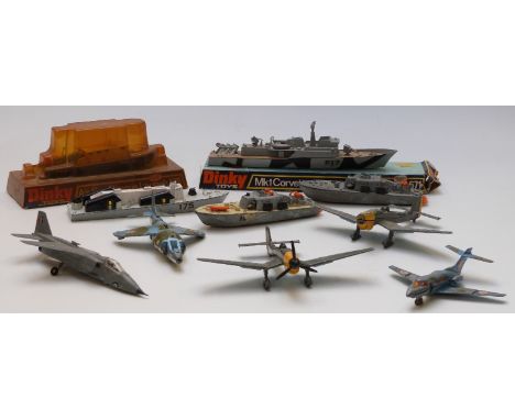 Ten Dinky Toys diecast model military waterline ships and aeroplanes including Air Sea Rescue Launch 678, in original box and