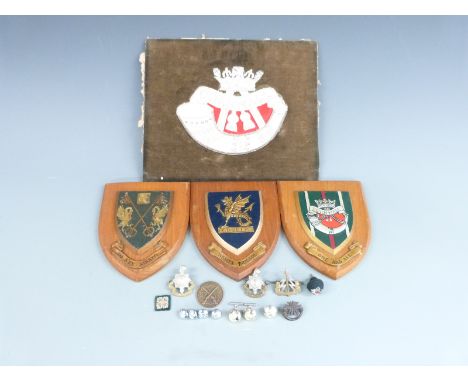 Badges, buttons and plaques to include Wessex Brigade, Cornwall Light Infantry, Royal Sussex regiments, cufflinks made from b
