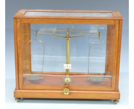 Monmouthshire County Council laboratory beam scale by Degrave &amp; Co. London, numbered 1150 to each part , the glazed case 