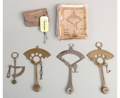 Two Perry &amp; Co, London, travelling swinging weight type letter scales together with a cased similar nickel plated example