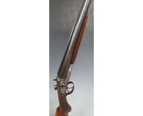 Unnamed 16 bore side by side hammer action shotgun with engraved locks, double trigger, chequered semi-pistol grip and forend