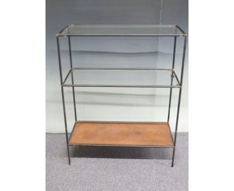 Sectional tubular and sheet glass shop fitting three tier shelf unit, W82 x D36 x H103cm, possible haberdashery interest