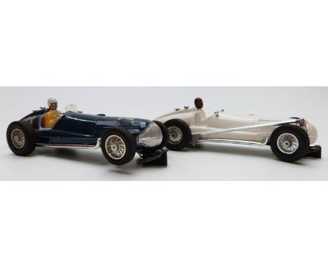 Two Airfix MRRC model motor racing/ slot car Mercedes W.154 GP racing cars one with blue body, chrome hubs, yellow driver wit