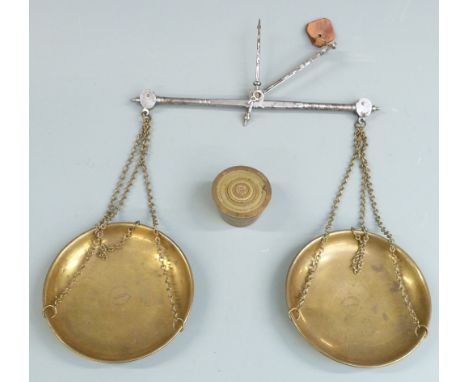 W &amp; T Avery, late T Bench, early 19thC travelling beam scale with nesting cup weights from 5oz troy downwards and letter 
