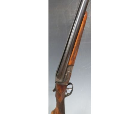 Victor Eibar 12 bore side by side shotgun with engraved locks, underside, trigger guard, top plate and thumb lever, chequered