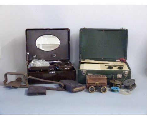1940s cased bakelite hairdryer, retro Vidor radio, animal trap, two vintage fishing reels etc