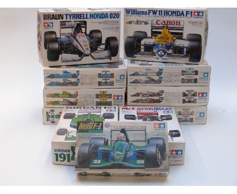 Ten Tamiya model Formula 1 cars constructed from kits, all in original boxes