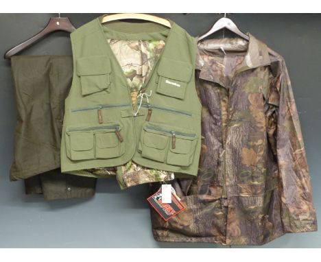 A selection of shooting and fishing clothing to include Showbee Rockee jacket, overtrousers etc, mainly large sizes, all new,