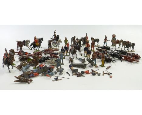 Sixty four Britains lead model soldiers and Indians including Mountain Battery with three mules carrying a deconstructed cann