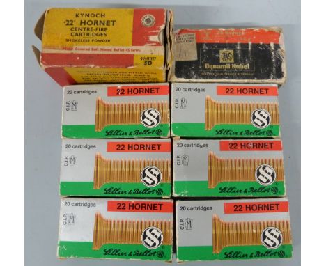 Ninety five mainly Lillier & Bellot .22 Hornet rifle cartridges and 37 empty cases, all in original boxes. PLEASE NOTE THAT A