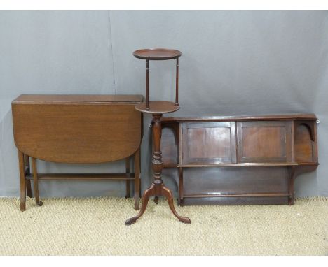 Wall mounted mahogany shelf unit, Sutherland table and a two tier occasional table