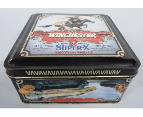 Twenty five Winchester 25th Anniversary Super-X shotgun cartridges, in decorative tin. PLEASE NOTE THAT A VALID RELEVANT FIRE