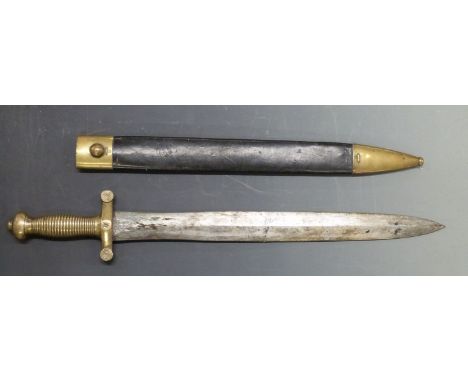 French 1831 pattern Foot Artillery short sword inscribed 1846 to the 48cm blade, stamped 1-139 to cross guard, with leather a