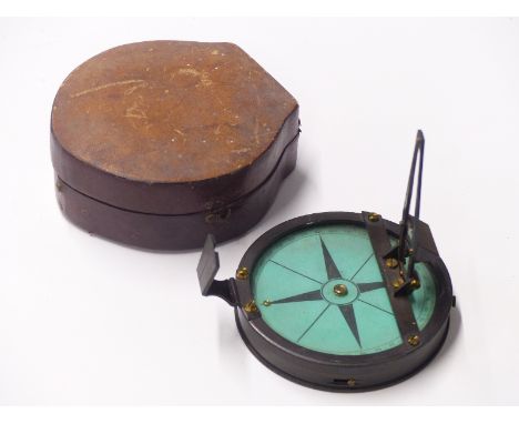 19th or early 20th century surveyor's sighting compass, diameter 10cm in fitted leather case