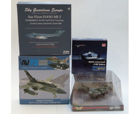 Four 1:72 scale diecast model aeroplanes Corgi WWII Legends DH Mosquito FB VI AA32810, Sky Guarding Europe Sea Vixen F (AW) M