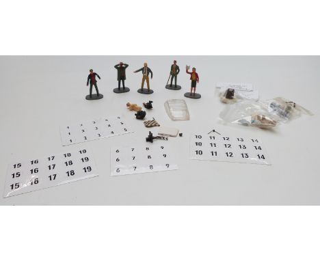 Five Tri-ang Scalextric model motor racing/ slot car figures together with various James Bond set and similar spare parts and