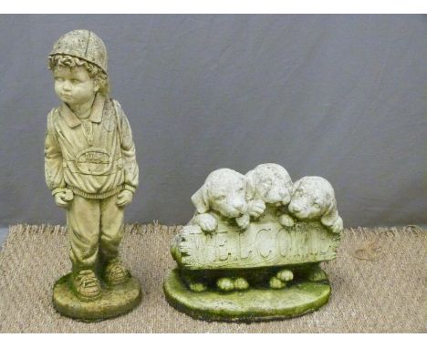 Garden welcome sign held by three puppies together with a model of a boy with rucksack, height 51cm&nbsp;