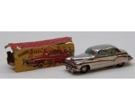 Prameta Cologne Model Cars clockwork Buick 405 with chrome body, blue windows and black tyres, with original box and instruct