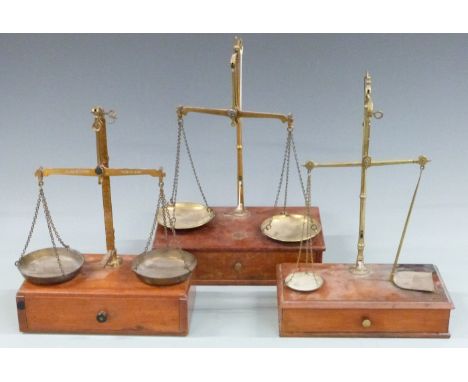 Three sets of travelling beam scales, one W A Webb Ltd, York, another Avery, height of tallest 40cm