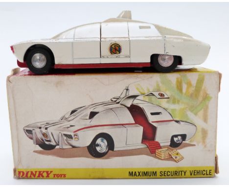 Dinky Toys diecast model Captain Scarlet Maximum Security Vehicle with white body, red base, silver stripes and red interior,