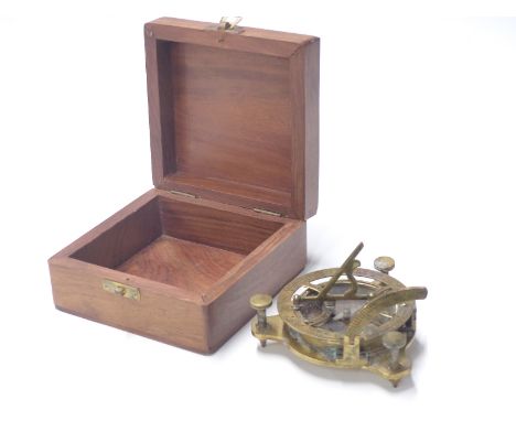 Brass sundial with compass to base in hardwood case, width of case 14cm