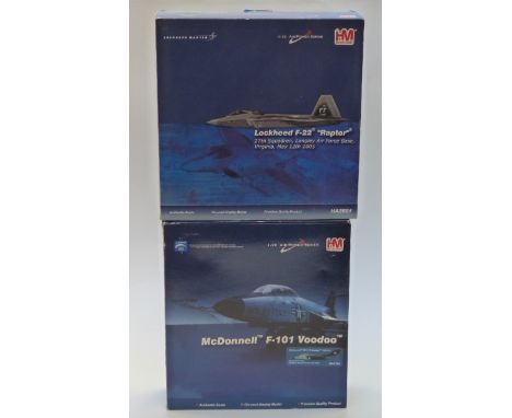 Two Hobby Master 1:72 scale diecast model aeroplanes McDonnell F-101 Voodoo HA3704 and Lockheed F-22 'Raptor' HA2801, both in