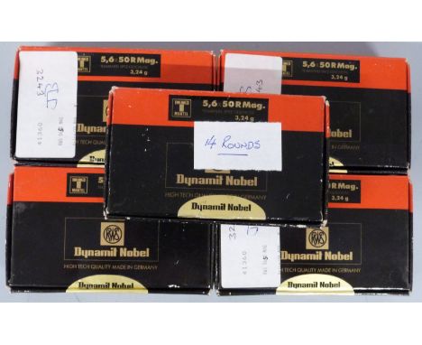 Ninety four RWS Dynamit Nobel 5.6 x 50 R Mag rifle cartridges, all in original boxes.&nbsp;PLEASE NOTE THAT A VALID RELEVANT 