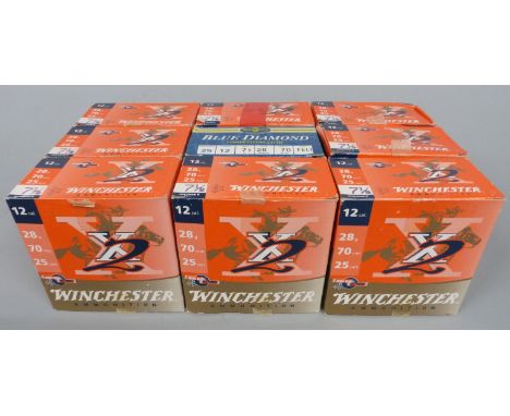 Two hundred and twenty five 12 bore shotgun cartridges including Winchester, Blue Diamond etc, all in original boxes. PLEASE 