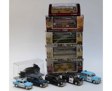 Four Corgi Classics diecast model trams together with a Corgi Original Omnibus Company coach, all in original boxes, and six 