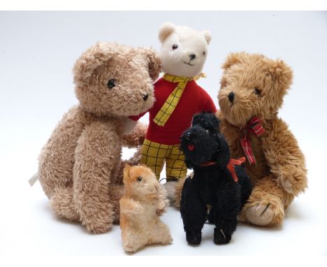 Five various Teddy bears including a Steiff style hamster with blonde mohair and straw filled body, a similar black dog, Rupe