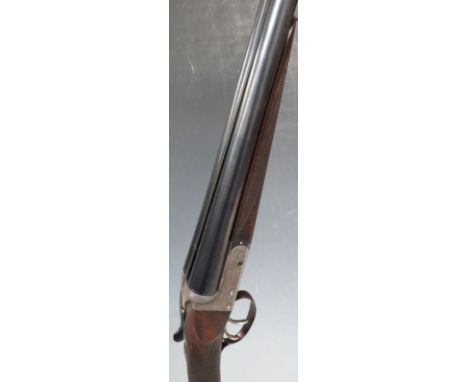 Webley & Scott 12 bore side by side ejector shotgun with border engraved named lock, top strap, trigger guard and underside, 