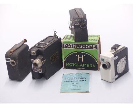 Four vintage 9.5mm cine cameras comprising Pathescope H, Pathescope Prince, Campro combined projector and camera and one othe