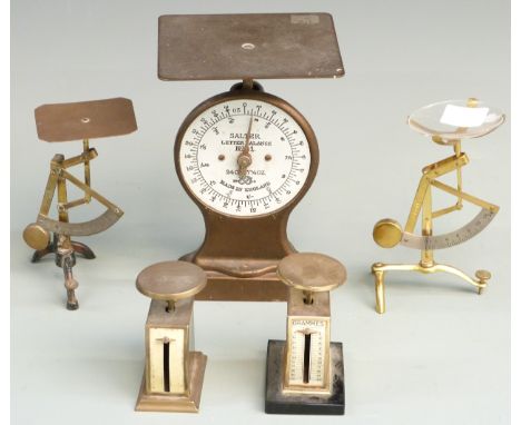 Salter No 11 letter balance, two small postage type scales and two swinging weight type scales