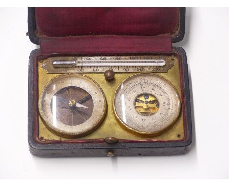 19thC cased pocket, travel or field barometer, compass and thermometer set