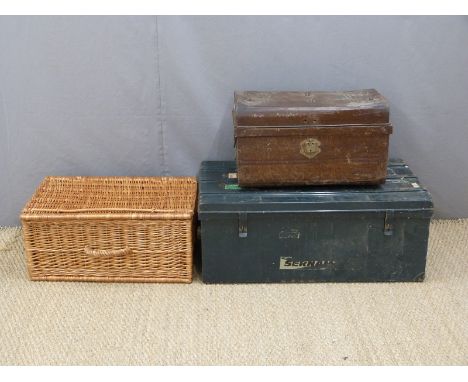 Two vintage trunks and a wicker basket or hamper, width of largest 85cm