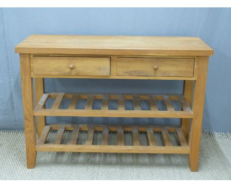Modern light oak or similar sideboard with two drawers and two slatted shelves, W120 x D46 x H85cm