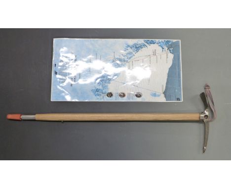 An Austrian made ice axe stamped MOD Wallner made in Austria, length if head 27cm shaft 86cm together with a laminated poster
