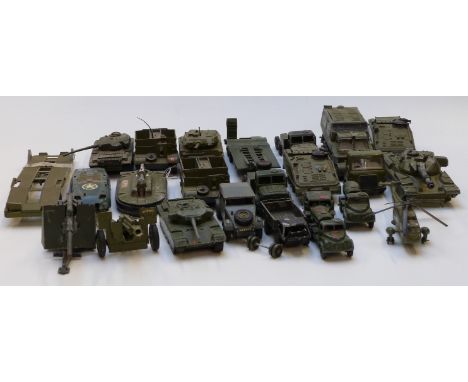 Twenty two Dinky Toys diecast model military vehicles including Mighty Antar Tank Transporter, Alvis Tank, Volkswagen KDF etc