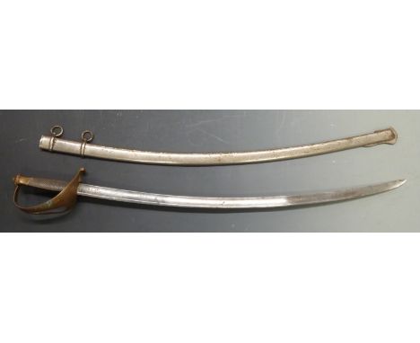 Continental sabre with copper guard and W stamped to the 73cm blade, with metal scabbard