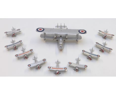 Ten Dinky style scratch built metal model aeroplanes including Gloster Gladiator, largest 12.8cm wide&nbsp;