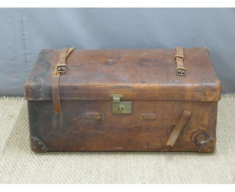 A vintage leather trunk, width 85cm