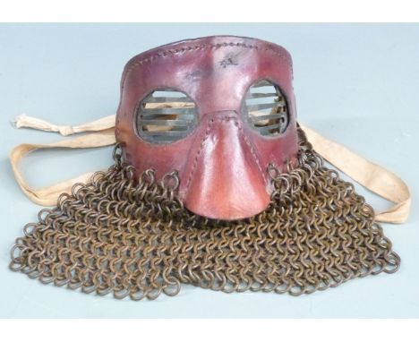 WWI style tank crew splatter mask with metal eyepiece shuttering, chain mail face protection, leather covering and canvas str