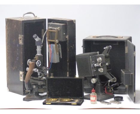 Spencer, Buffalo USA microscope in case, travelling beam scale and a Home Kodascope cine projector