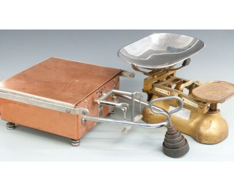 W &amp; T Avery Ltd scales, a set of Perry portable scales and a stack of weights, ex Monmouthshire Trading Standards
